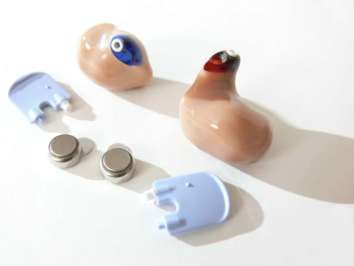 A modern "in the ear" hearing aid for the left and right ear with batteries and no wax tubes.
